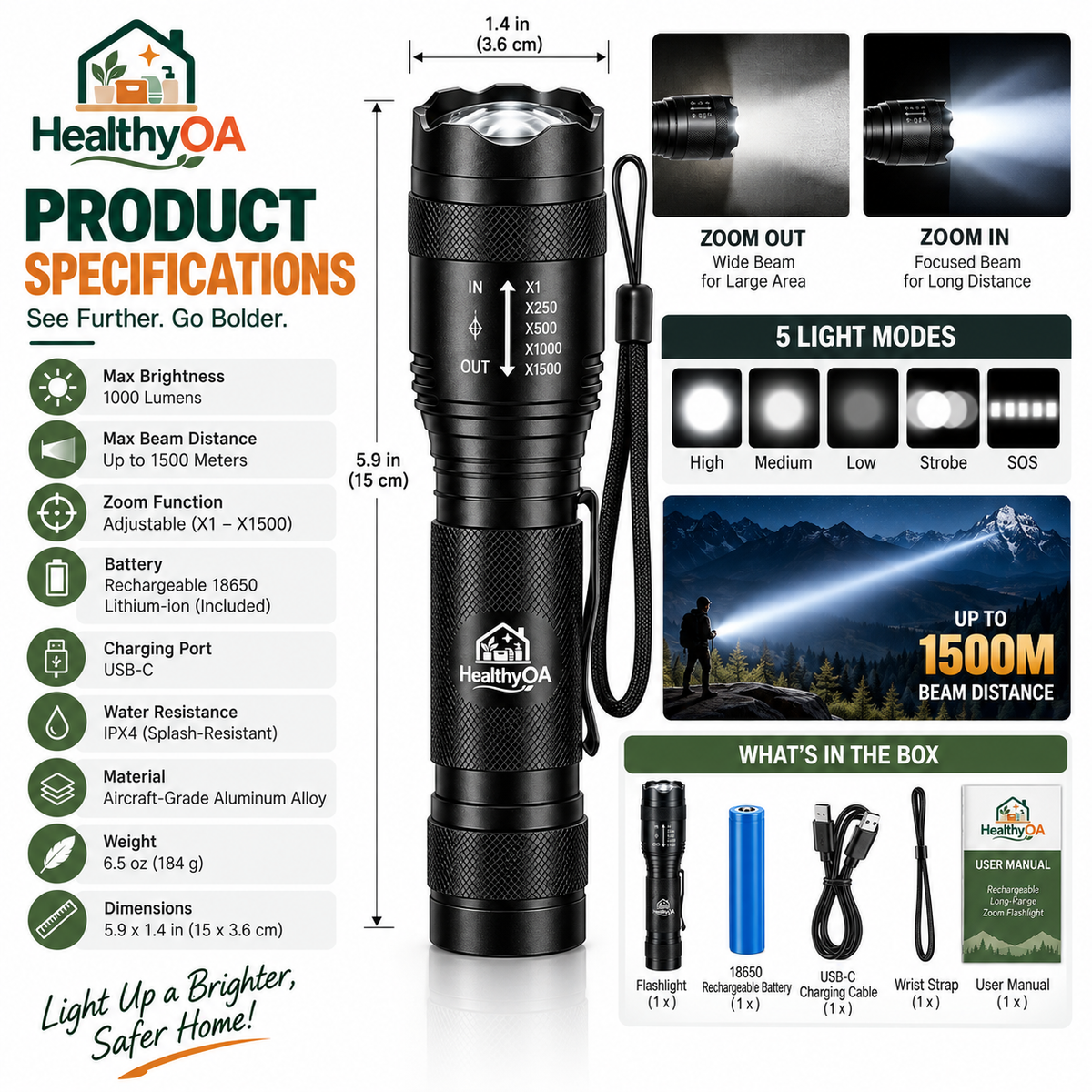 HealthyOA Home Rechargeable Long-Range Zoom Flashlight