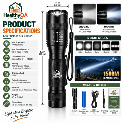HealthyOA Home Rechargeable Long-Range Zoom Flashlight