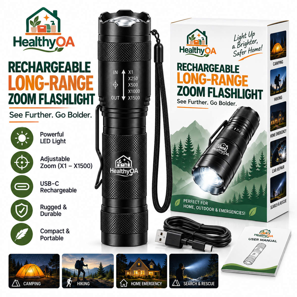 HealthyOA Home Rechargeable Long-Range Zoom Flashlight