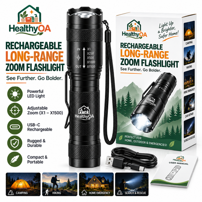 HealthyOA Home Rechargeable Long-Range Zoom Flashlight