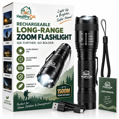 HealthyOA Home Rechargeable Long-Range Zoom Flashlight