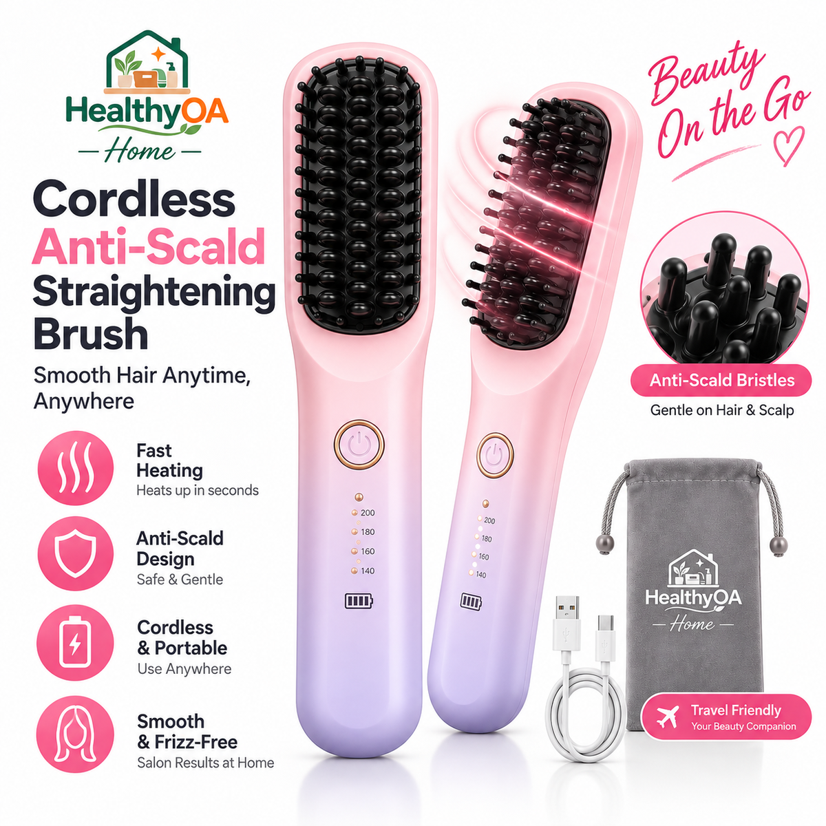 HealthyOA Home Cordless Anti-Scald Straightening Brush