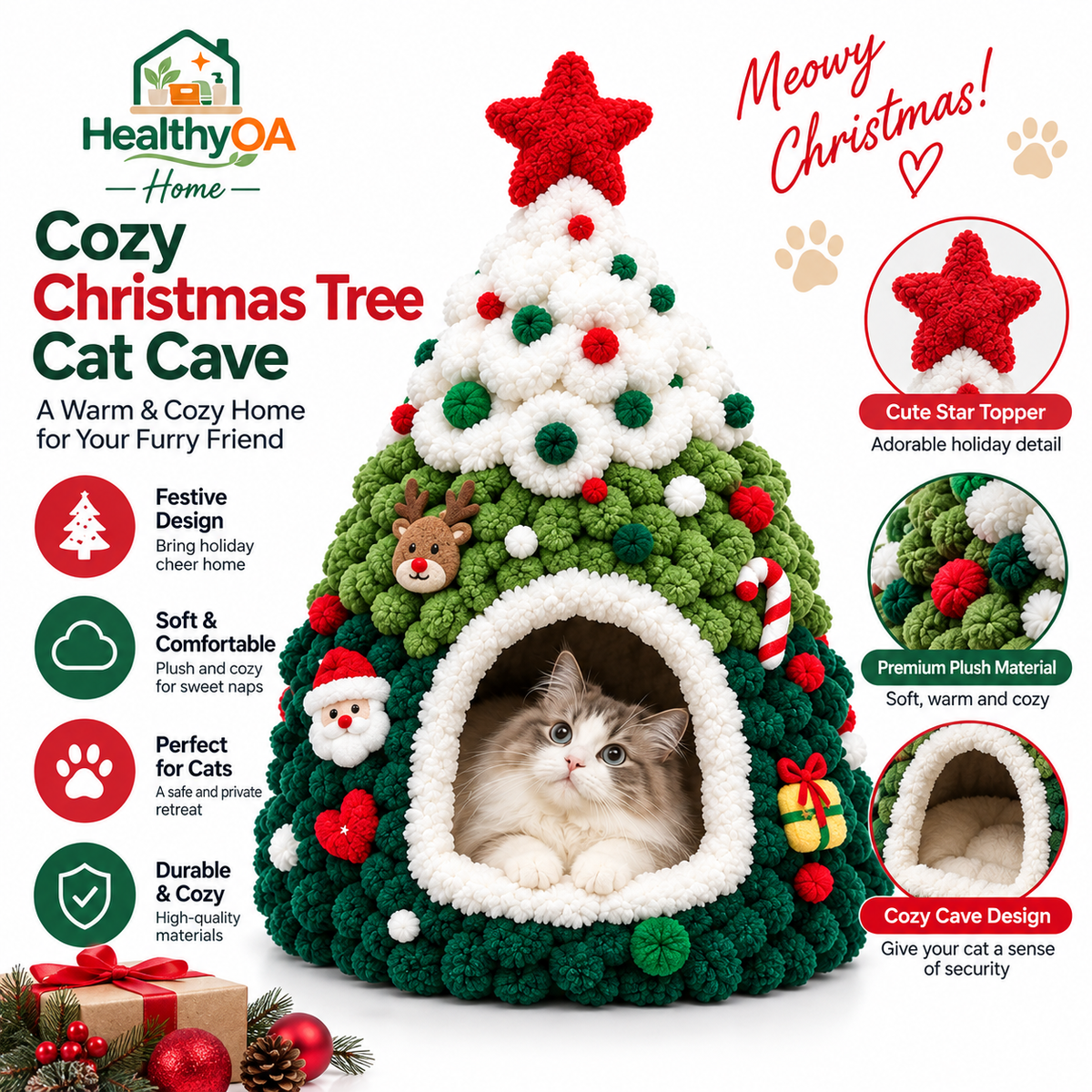 HealthyOA Home Cozy Christmas Tree Cat Cave